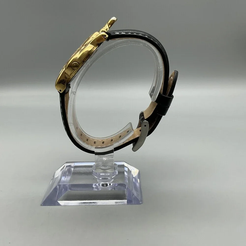 Vtg Lorus Womens Watch 30mm Disney Goofy Gold Tone Black Leather New Battery